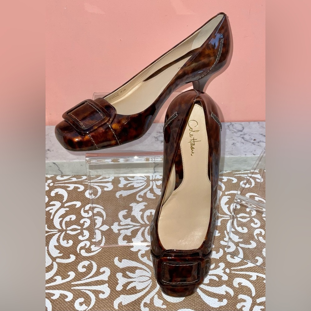 Cole Haan Sydney Brown Tortoise Patent Leather Kitty Heel Pumps Sz 6.5 Like New